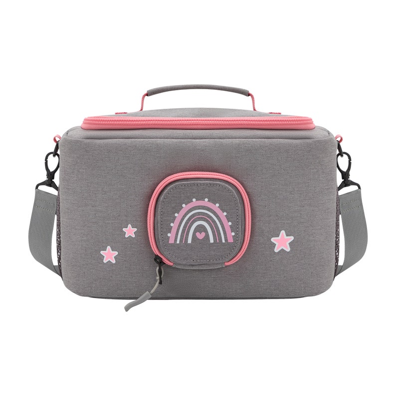 Bag for Toniebox BoxBag for figures and box Carrying case with hook and speaker-opening for travel & car, Pink, Rainbow, Unicorn, Rabbit Grau-Rosa Regenbogen