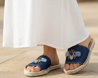 Embellished Bee Espadrille Slides, Boho Luxe Jute Sandals, Summer Resort Footwear