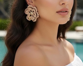 Queen B Handwoven Raffia Flower Earrings-Natural Shell & Golden Bee Statement Earrings-Luxury Resort Jewelry-Handmade Floral Earrings