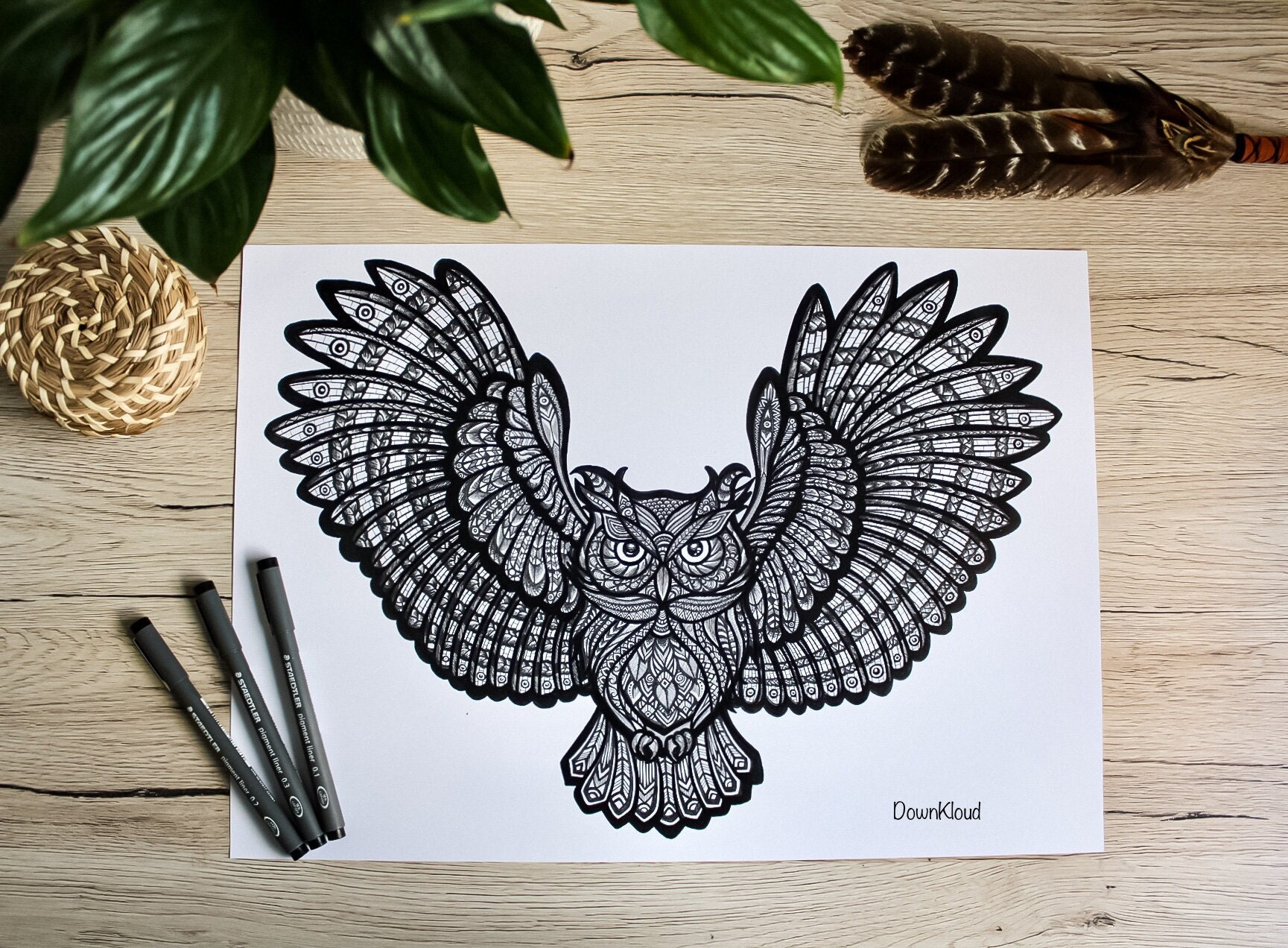 Owl Totem Print, Décoration Murale Mandala Boho Design, Affiche à Encadrer, Poster Animal Totem N&b,