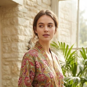 Boho Cotton Kimono Robe: Blumendruck Loungewear