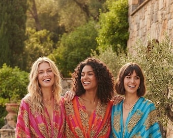 May include: Three floor-length kaftan dresses featuring a vertical striped pattern and a repeating tiger print. The dresses are available in pink, orange, and blue colourways, each with a deep V-neckline, short sleeves, and a drawstring waist.