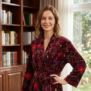 May include: A long-sleeved velvet robe in a deep burgundy color featuring a vibrant botanical print with red flowers, green leaves, and colorful birds. The robe has a shawl collar, a matching tie belt at the waist, and a relaxed, open-front design.
