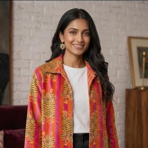 May include: A long-sleeved jacket featuring a vibrant pattern of vertical orange and pink stripes interspersed with tiger motifs. The jacket has a classic collar, a straight hem, and is worn over a plain white t-shirt and black trousers.