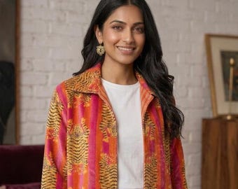 Tiger Print Velvet Long Jacket, Cotton Lining Collar Coat,Customise Jackets available.