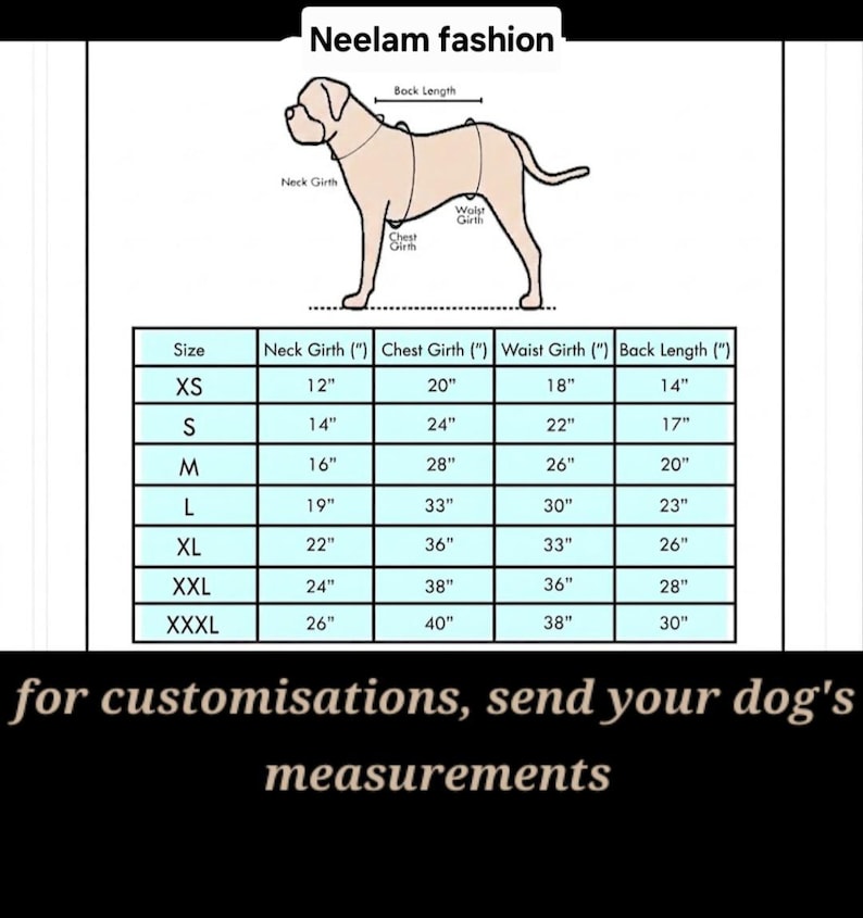 May include: A sizing chart for dog apparel labelled Neelam fashion, featuring a line drawing of a dog with indicated measurement points for neck, chest, waist, and back. A table lists sizes XS through XXXL with corresponding measurements in inches.