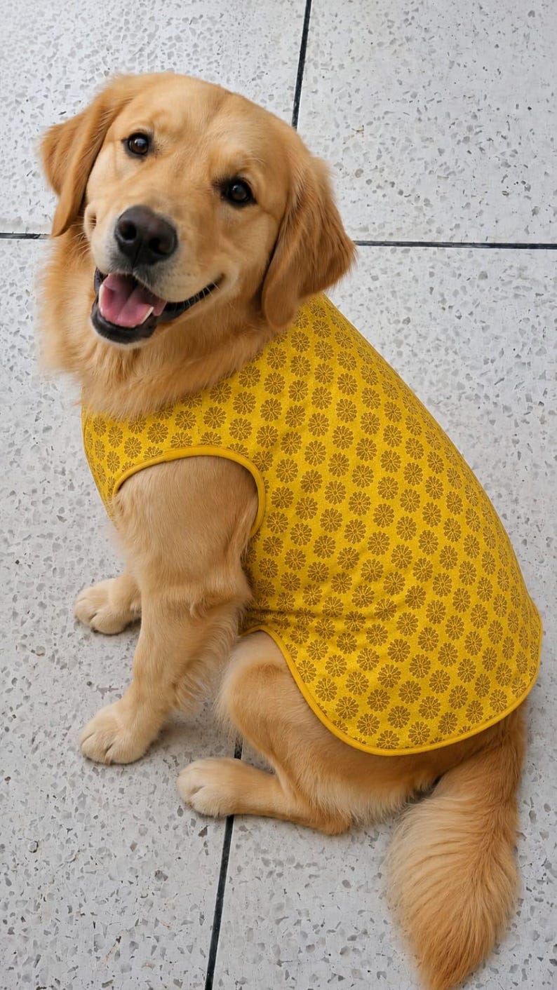 May include: A golden retriever dog wearing a sleeveless yellow shirt with a repeating brown floral pattern. The shirt features a solid yellow trim around the neck and arm openings, providing a snug fit over the dog's back and torso area.