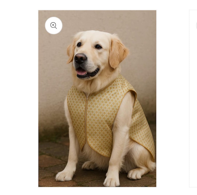 May include: A golden retriever dog wearing a sleeveless vest made of light gold fabric with a repeating small diamond pattern. The vest features a rounded neckline and gold trim along the edges, fitting snugly around the dog's torso.