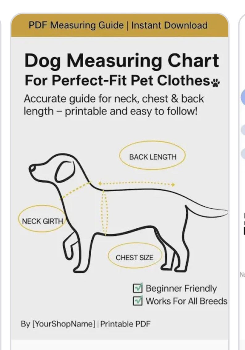 May include: A printable PDF dog measuring chart with a black line drawing of a dog. Text includes: Dog Measuring Chart For Perfect-Fit Pet Clothes, Accurate guide for neck, chest & back length, NECK GIRTH, BACK LENGTH, CHEST SIZE, Beginner Friendly, Works For All Breeds.