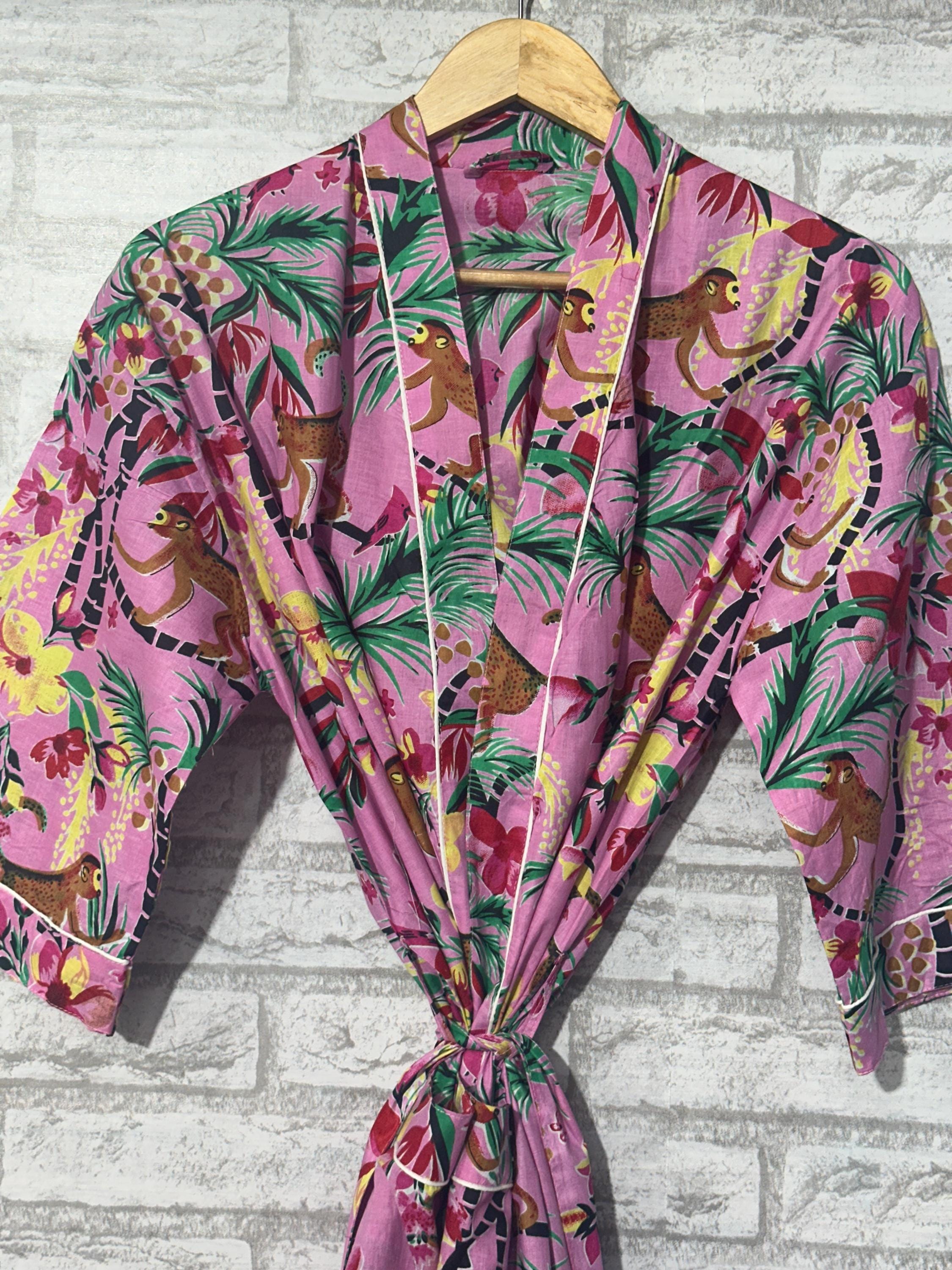 knee length dresses for ladies Handcrafted Organic Cotton Flamingo Print Kimono Robe