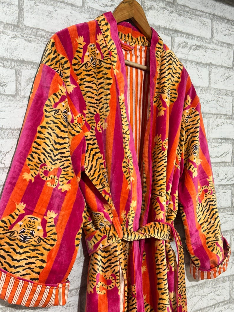 Velvet Tiger Print Kimono Robe: Handmade Velvet Cotton Blend Nightwear ...