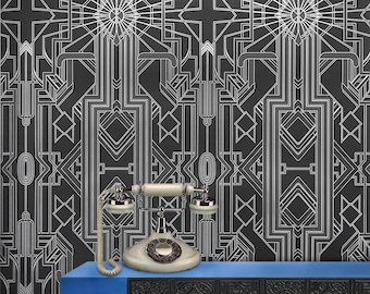 Art Deco Catsby (Metallic Silver, Silhouette Black) Wallpaper