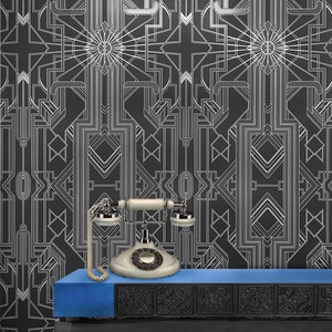 Art Deco Catsby (Metallic Silver, Silhouette Black) Wallpaper