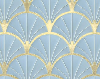May include: A seamless pattern of overlapping blue and gold fan shapes. The pattern is reminiscent of art deco style.