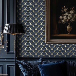 Art Deco Metallic Gold and Navy Shell Pattern Wallpaper, Peel and Stick and Paste