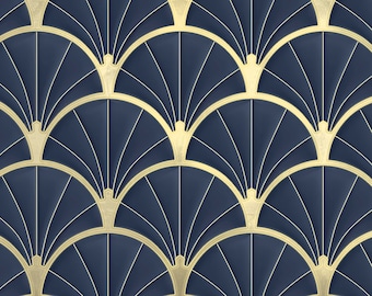 May include: A seamless pattern of overlapping, gold-colored, fan-shaped designs on a dark blue background.