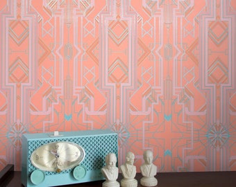 Art Deco Catsby (Peach and Teal w/ Spot Gloss) Wallpaper
