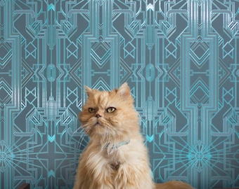 Art Deco Catsby (Aegean Teal with Spot Gloss) Removable Wallpaper