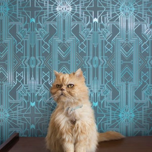 Art Deco Catsby (Aegean Teal with Spot Gloss) Removable Wallpaper