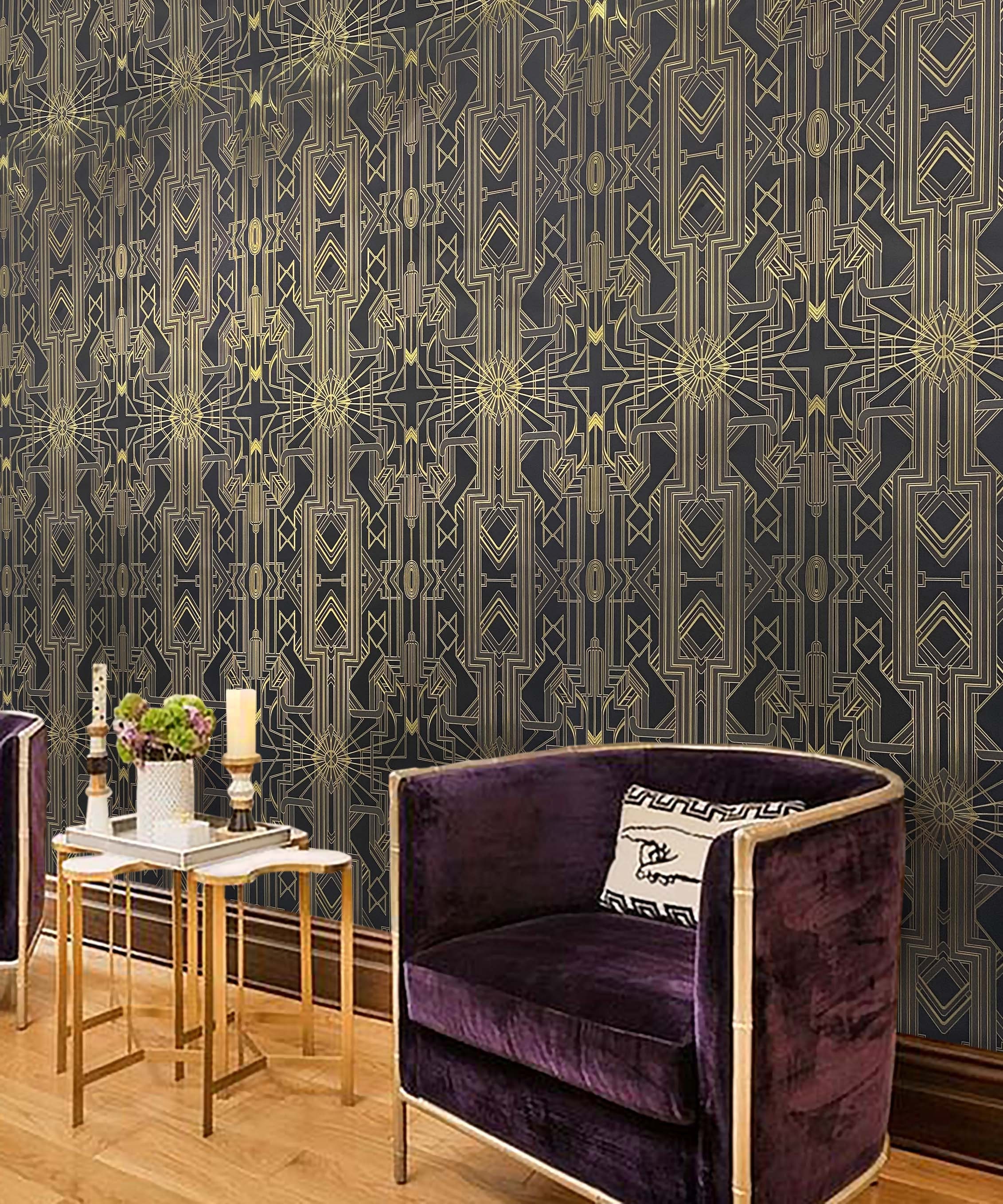 Art Deco Catsby metallic Gold Silhouette Black Wallpaper Etsy