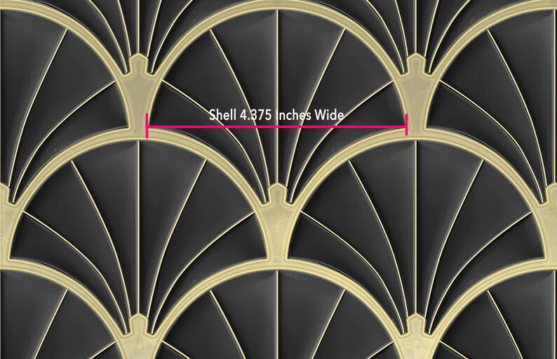 Art Deco Metallic Gold and Black Shell Pattern Wallpaper, Peel and Stick and Paste. Shell 4.375 inches wide