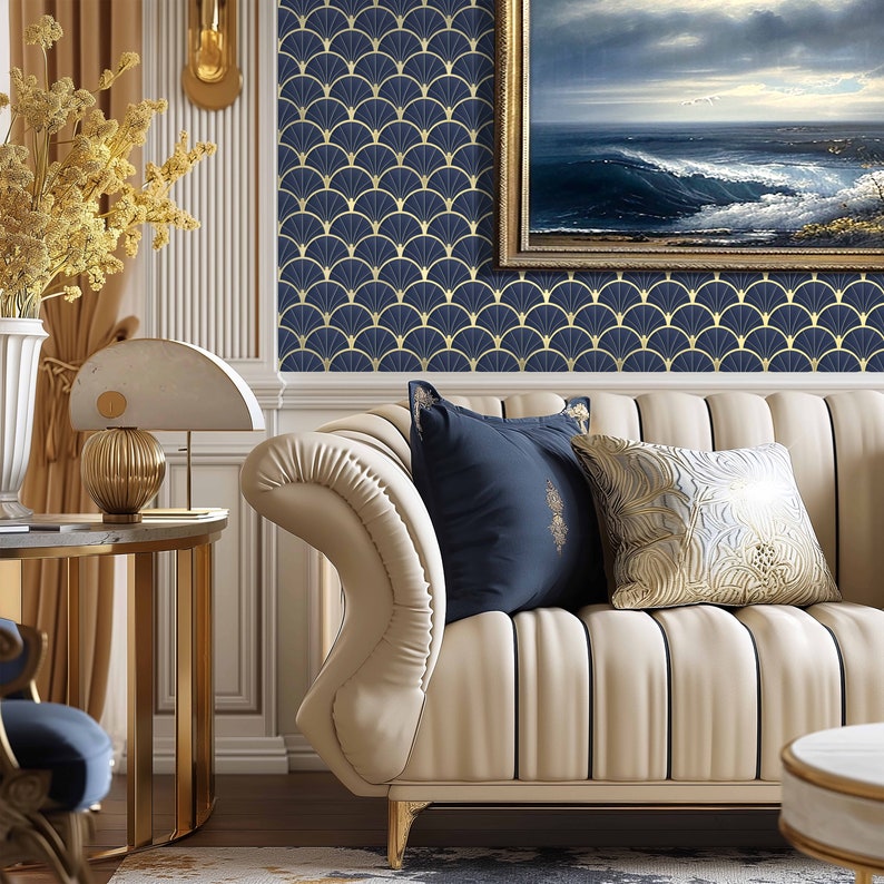 Art Deco Metallic Gold and Navy Shell Pattern Wallpaper, Peel and Stick and Paste