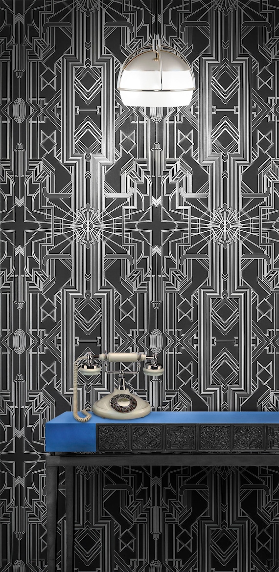 Art Deco Catsby (Metallic Silver, Silhouette Black) Wallpaper