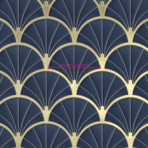 Art Deco Metallic Gold and Navy Shell Pattern Wallpaper, Shell 4.385 inches wide