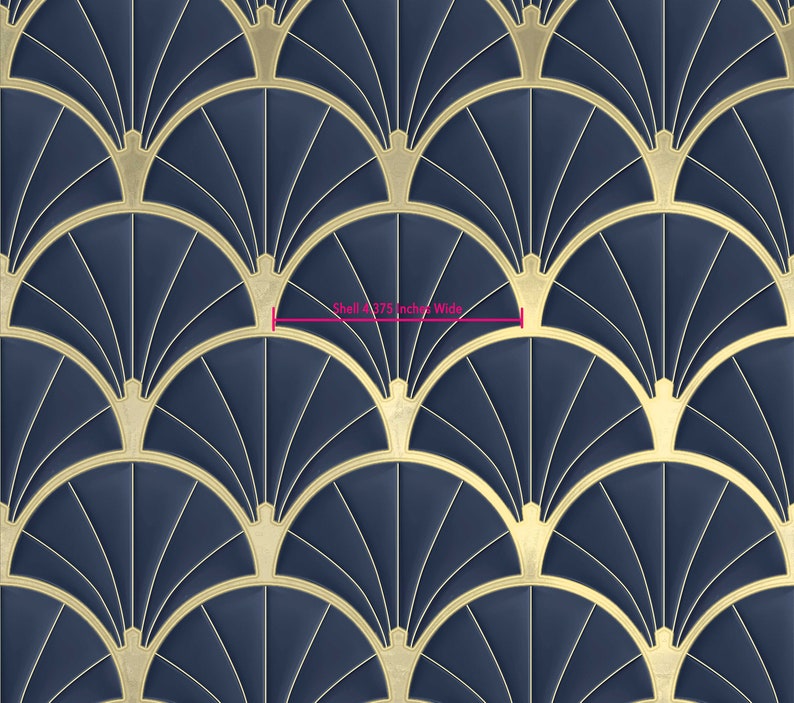 Art Deco Metallic Gold and Navy Shell Pattern Wallpaper, Shell 4.385 inches wide