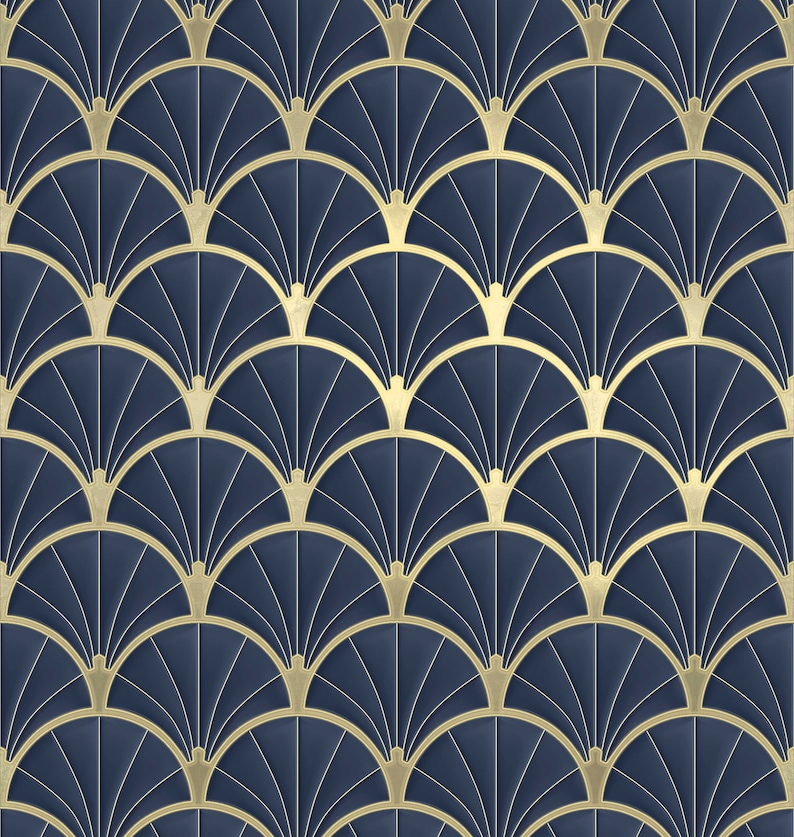 Art Deco Metallic Gold and Navy Shell Pattern Wallpaper, Peel and Stick and Paste