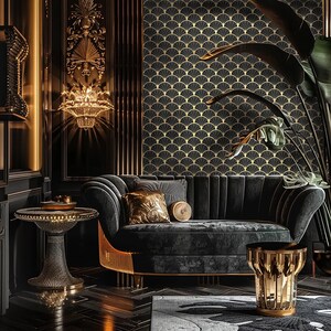 Art Deco Metallic Gold and Black Shell Pattern Wallpaper, Peel and Stick and Paste