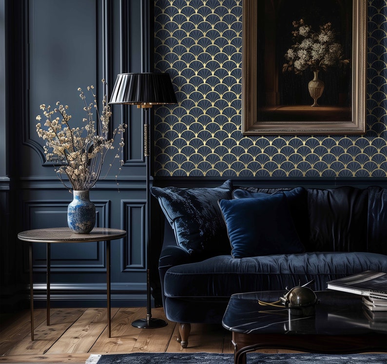 Art Deco Metallic Gold and Navy Shell Pattern Wallpaper, Peel and Stick and Paste
