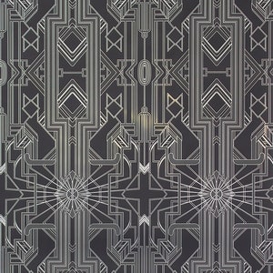 May include: A black and white geometric pattern with a repeating design of lines and shapes. The pattern is symmetrical and has a vintage art deco style.