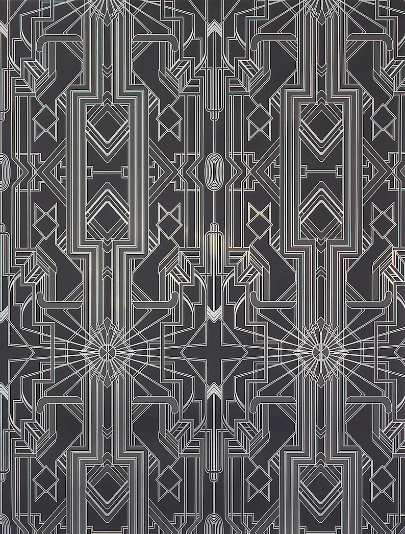 May include: A black and white geometric pattern with a repeating design of lines and shapes. The pattern is symmetrical and has a vintage art deco style.