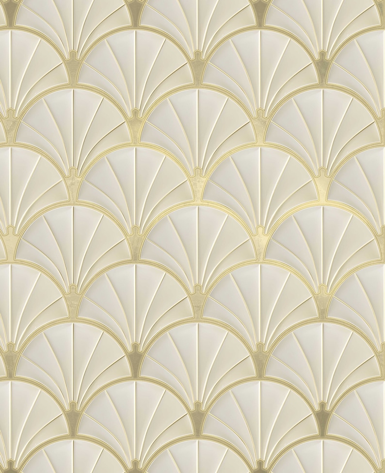 Art Deco Metallic Gold and Beige Shell Pattern Wallpaper, Peel and Stick and Paste