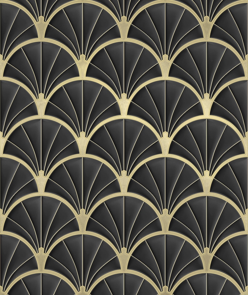 Art Deco Metallic Gold and Black Shell Pattern Wallpaper, Peel and Stick and Paste