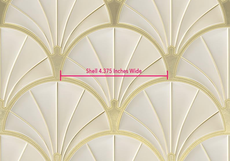 Art Deco Metallic Gold and Beige Shell Pattern Wallpaper, Peel and Stick and Paste. shell 4.365" wide