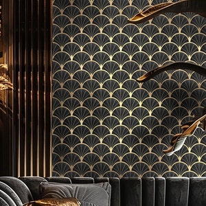 Art Deco Metallic Gold and Black Shell Pattern Wallpaper, Peel and Stick and Paste