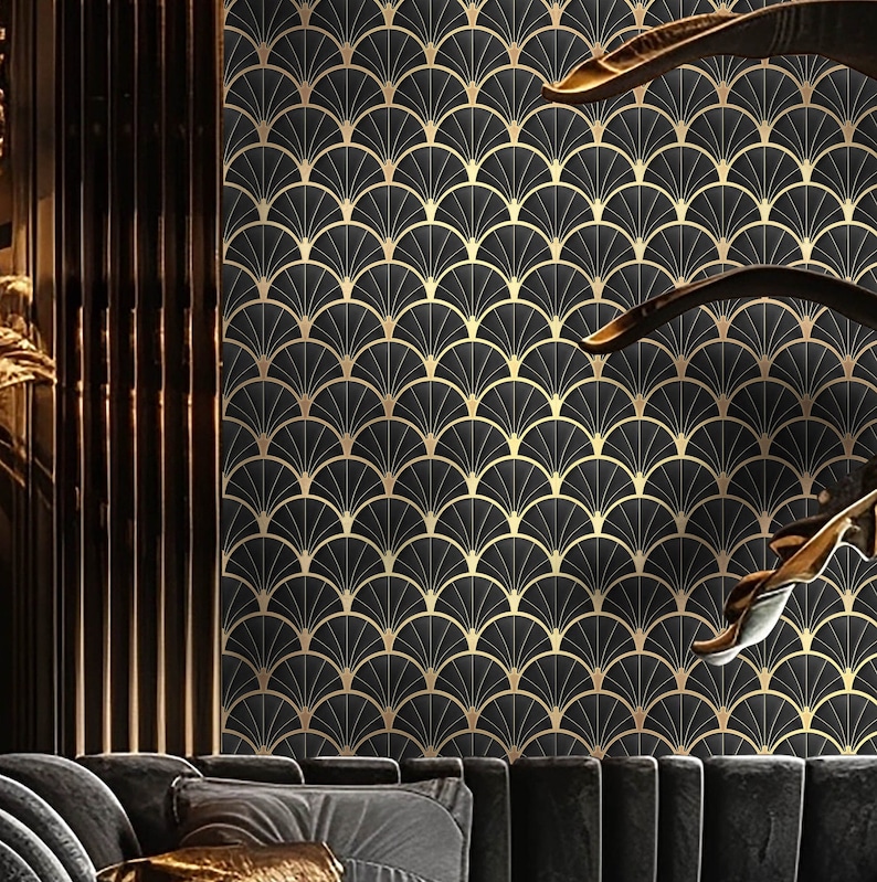 Art Deco Metallic Gold and Black Shell Pattern Wallpaper, Peel and Stick and Paste