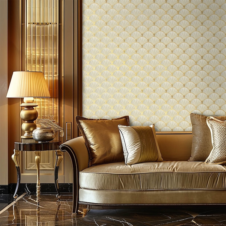 Art Deco Metallic Gold and Beige Shell Pattern Wallpaper, Peel and Stick and Paste