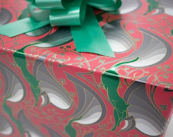 Art Nouveau Metallic Red, Green & Silver Wrapping Paper