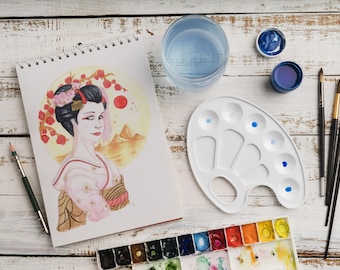 Peinture aquarelle brillante Geisha  - Geisha shiny watercolor painting