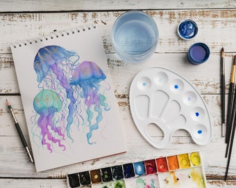 Peinture aquarelle brillante Méduses - Jellyfish shiny watercolor painting