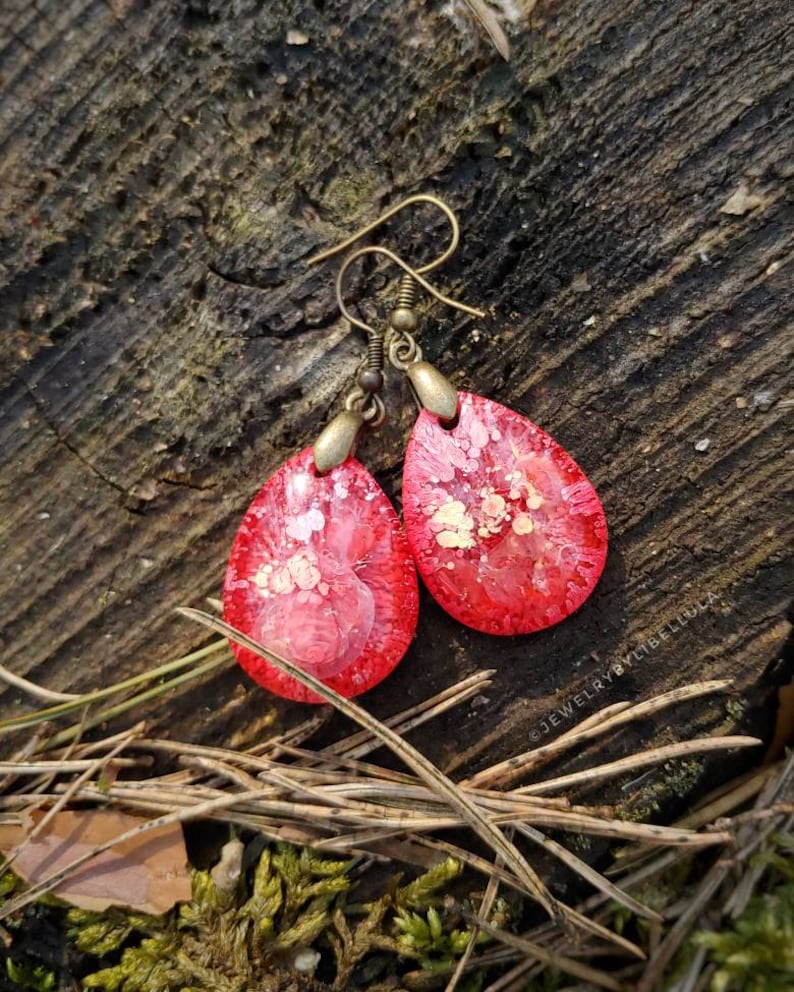 Seraphina in Red and Orange Handmade Unique Epoxy Resin JewelryFemale Teardrop EarringsAlcohol InkPetri ArtFoilGift IdeaColorful