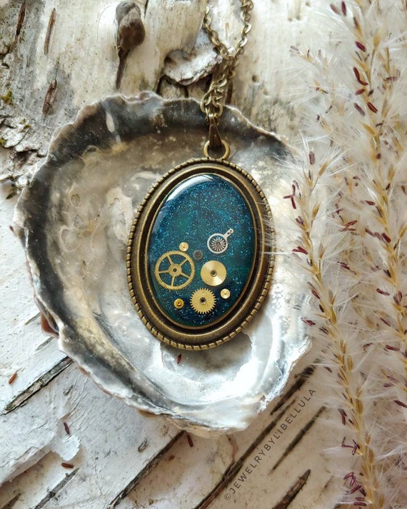 Chiyo in Teal Glitter Steampunk Handmade Unique Epoxy Resin Jewelry Female Pendant Necklace Sophisticated Gift Idea Fantasy Oval Shape