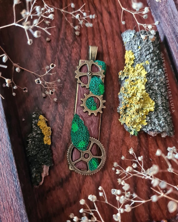 Mossy Steampunk Handmade Unique Jewelry Polymer Clay Brass