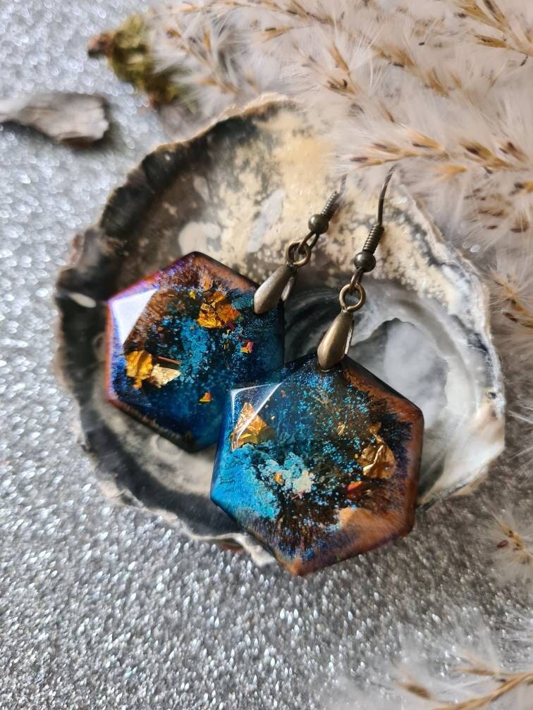 Merrow in Blue & Brown/Handmade Epoxy Resin Jewelry/Alcohol Ink/Dangle Earrings/Earhook/Fantasy/Petri Art Jewellery/Glitter Golden Foil