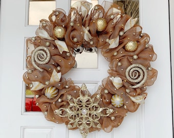 Gold Christmas Wreath- Wreaths, Mesh Wreath, Winter Wreath, Front Door Wreath