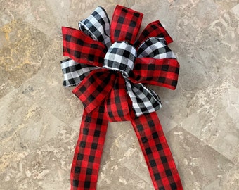 Red Black White Christmas Bow- Gingham Bow, Wreath Bow, Decor Bow