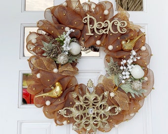 Gold Christmas Wreath- Wreaths, Mesh Wreath, Winter Wreath, Front Door Wreath